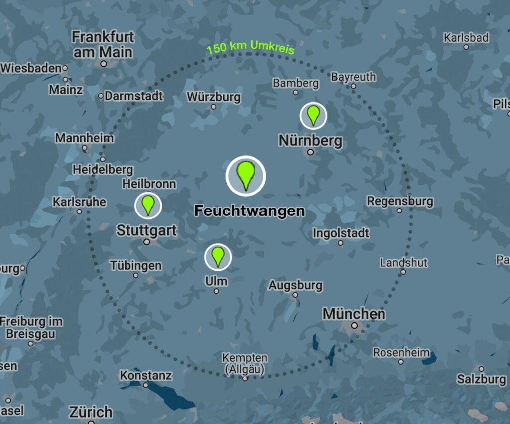 Karte mit Feuchtwangen, Ulm, Augsburg, Stuttgart und München